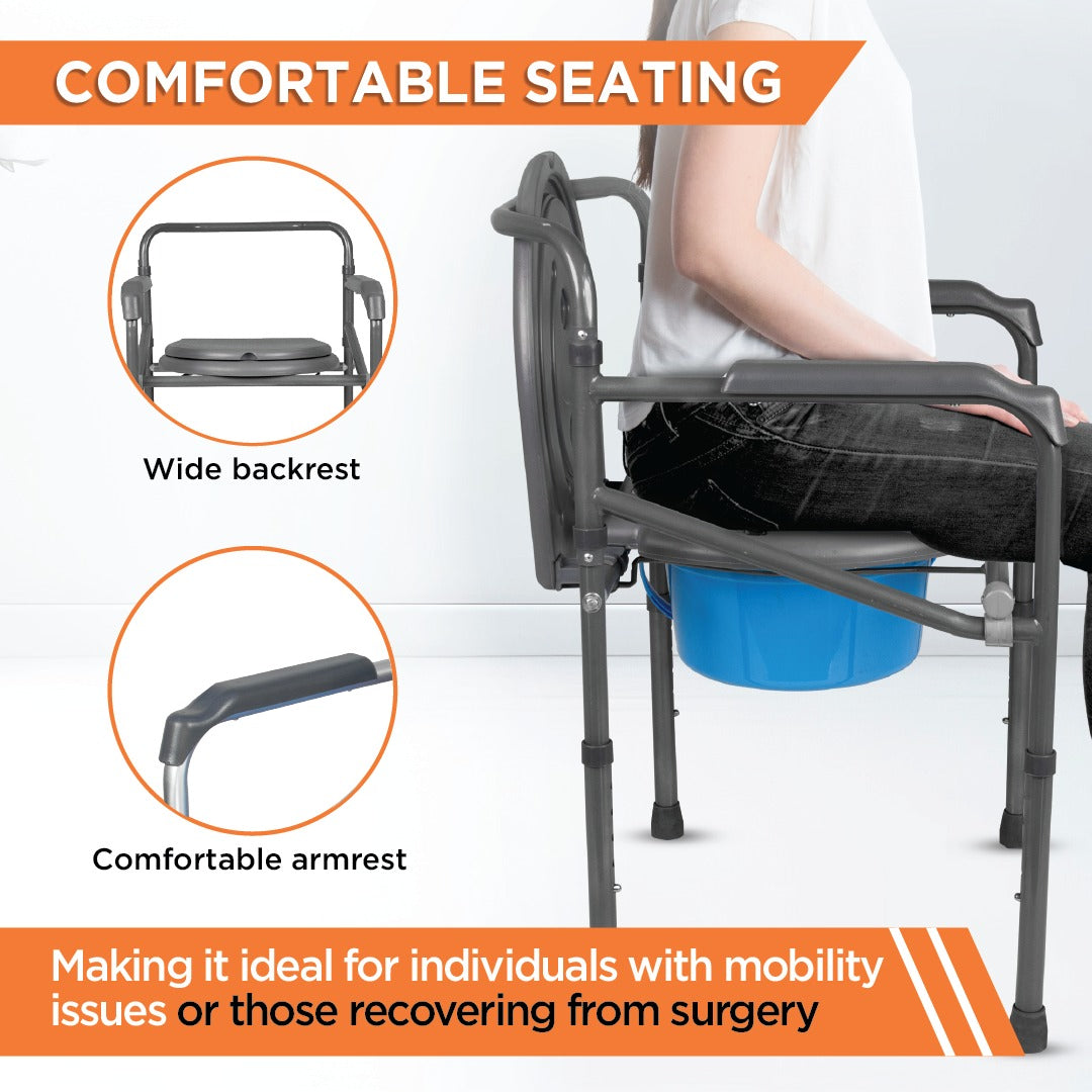 Vissco Comfort Folding Commode Without Castors, Portable Commode Chair for Elderly and Disabled, Toilet Aid for Home and Healthcare