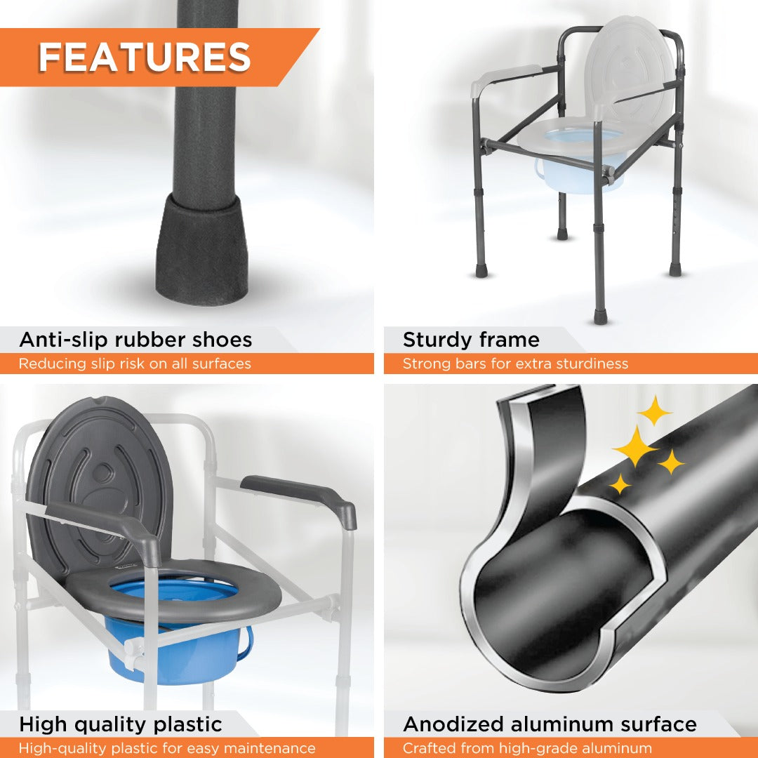 Vissco Comfort Folding Commode Without Castors, Portable Commode Chair for Elderly and Disabled, Toilet Aid for Home and Healthcare