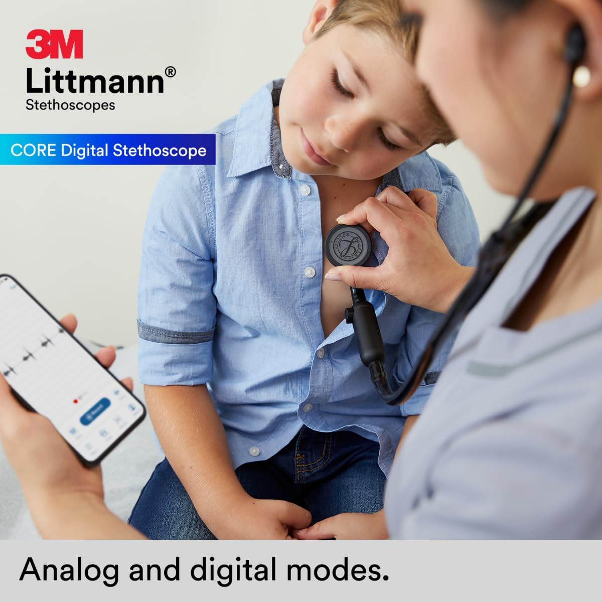 3M™ Littmann® CORE Digital Stethoscope, 8480, Black Chestpiece, Tube, Stem and Headset, 27 inch