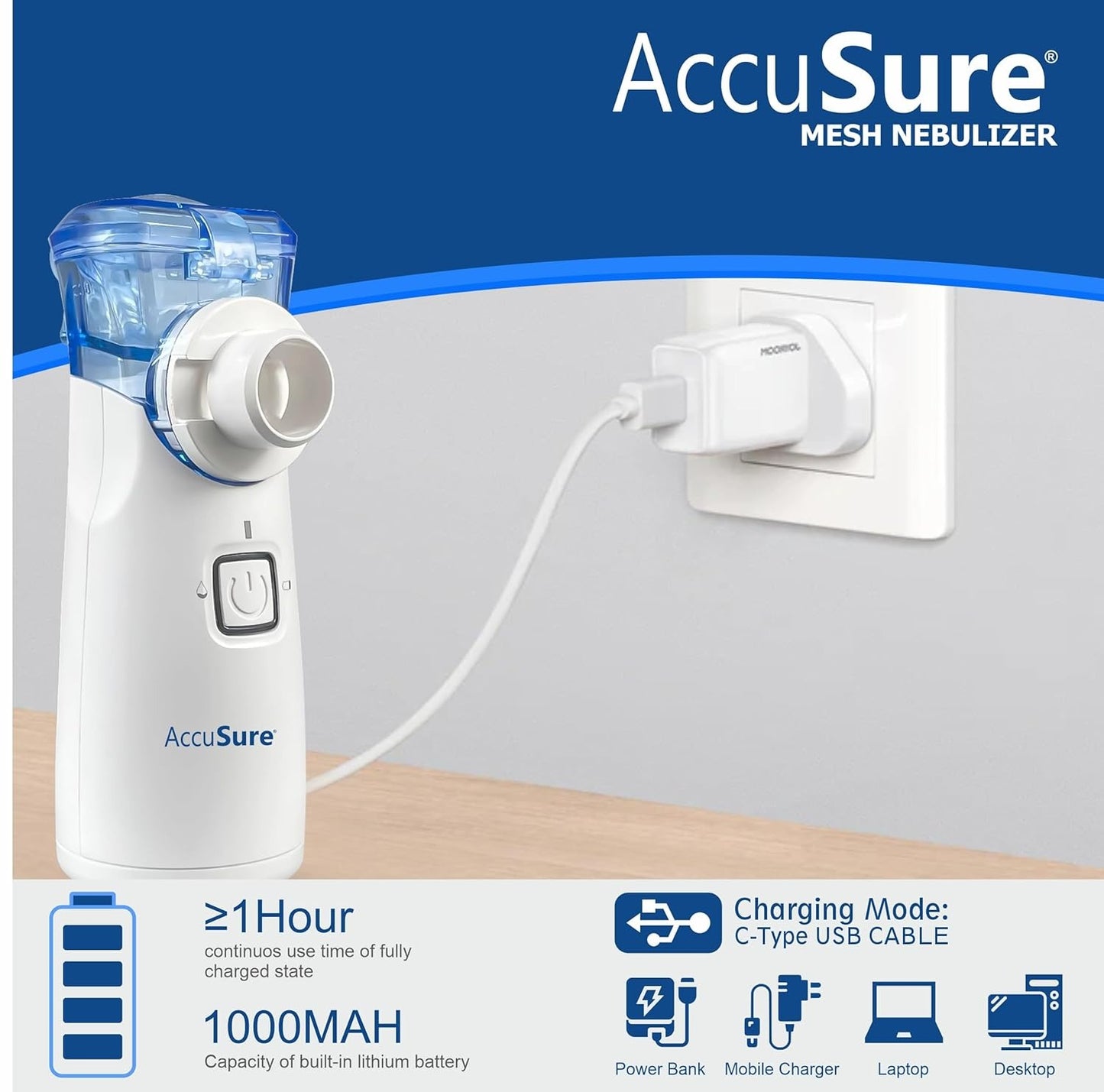 AccuSure Portable Mesh Nebuliser Machine With Box - Handheld Nebuliser Personal Inhalers For Breathing Problems For Travel, Home Daily Use