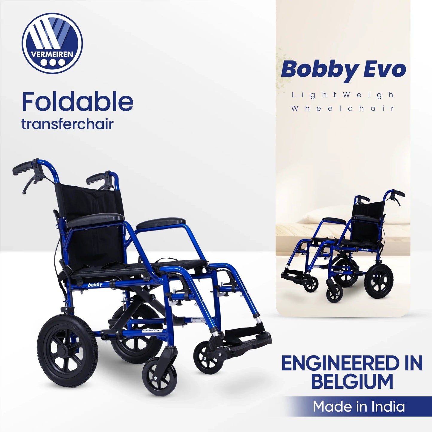 VERMEIREN Bobby Foldable Travel Wheelchair, Sturdy Frame, Light Weight & Foldable, Kids & Seniors, Upto120Kg Weight Capacity - Belgium Technology, Made in India