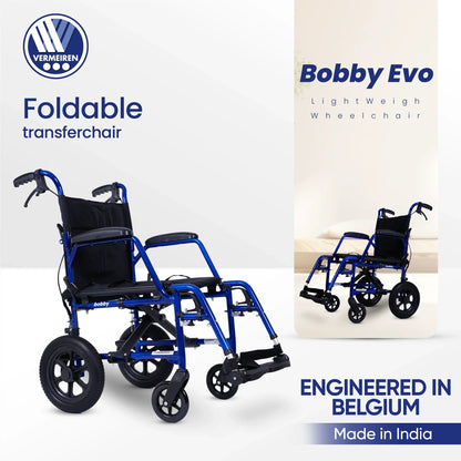 VERMEIREN Bobby Foldable Travel Wheelchair, Sturdy Frame, Light Weight & Foldable, Kids & Seniors, Upto120Kg Weight Capacity - Belgium Technology, Made in India