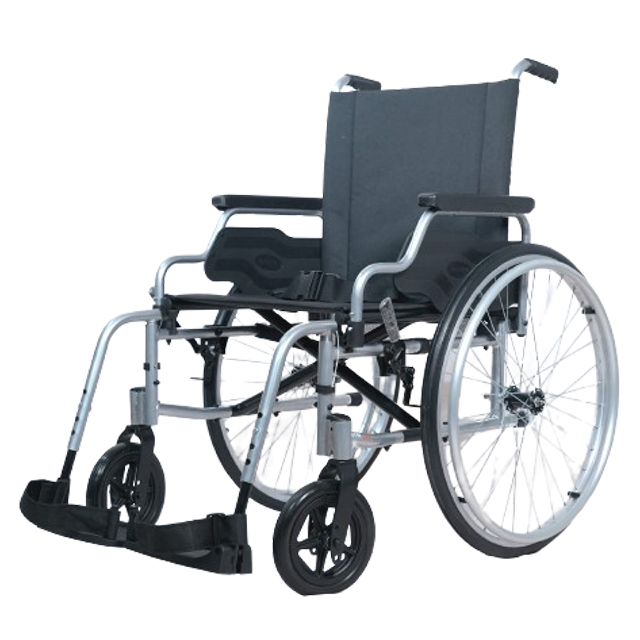 Forza Freedom 3000 Steel Foldable Economy Wheelchair. The wheelchair features a sturdy steel frame in dark gray with black, comfortable seat and backrest cushions. It has large, solid rear wheels with hand rims and smaller front casters for easy maneuverability. The wheelchair is folded in a compact position for easy storage or transport. The design includes armrests and footrests for additional comfort and support.