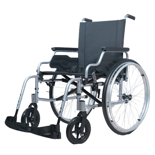 Forza Freedom 3000 Steel Foldable Economy Wheelchair. The wheelchair features a sturdy steel frame in dark gray with black, comfortable seat and backrest cushions. It has large, solid rear wheels with hand rims and smaller front casters for easy maneuverability. The wheelchair is folded in a compact position for easy storage or transport. The design includes armrests and footrests for additional comfort and support.