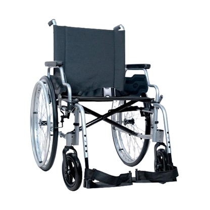 Forza Freedom 3000 Steel Foldable Economy Wheelchair. The wheelchair features a sturdy steel frame in dark gray with black, comfortable seat and backrest cushions. It has large, solid rear wheels with hand rims and smaller front casters for easy maneuverability. The wheelchair is folded in a compact position for easy storage or transport. The design includes armrests and footrests for additional comfort and support.