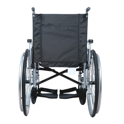 Forza Freedom 3000 Steel Foldable Economy Wheelchair. The wheelchair features a sturdy steel frame in dark gray with black, comfortable seat and backrest cushions. It has large, solid rear wheels with hand rims and smaller front casters for easy maneuverability. The wheelchair is folded in a compact position for easy storage or transport. The design includes armrests and footrests for additional comfort and support.