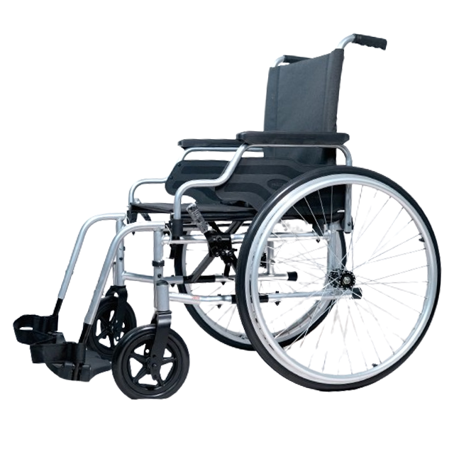 Forza Freedom 3000 Steel Foldable Economy Wheelchair. The wheelchair features a sturdy steel frame in dark gray with black, comfortable seat and backrest cushions. It has large, solid rear wheels with hand rims and smaller front casters for easy maneuverability. The wheelchair is folded in a compact position for easy storage or transport. The design includes armrests and footrests for additional comfort and support.