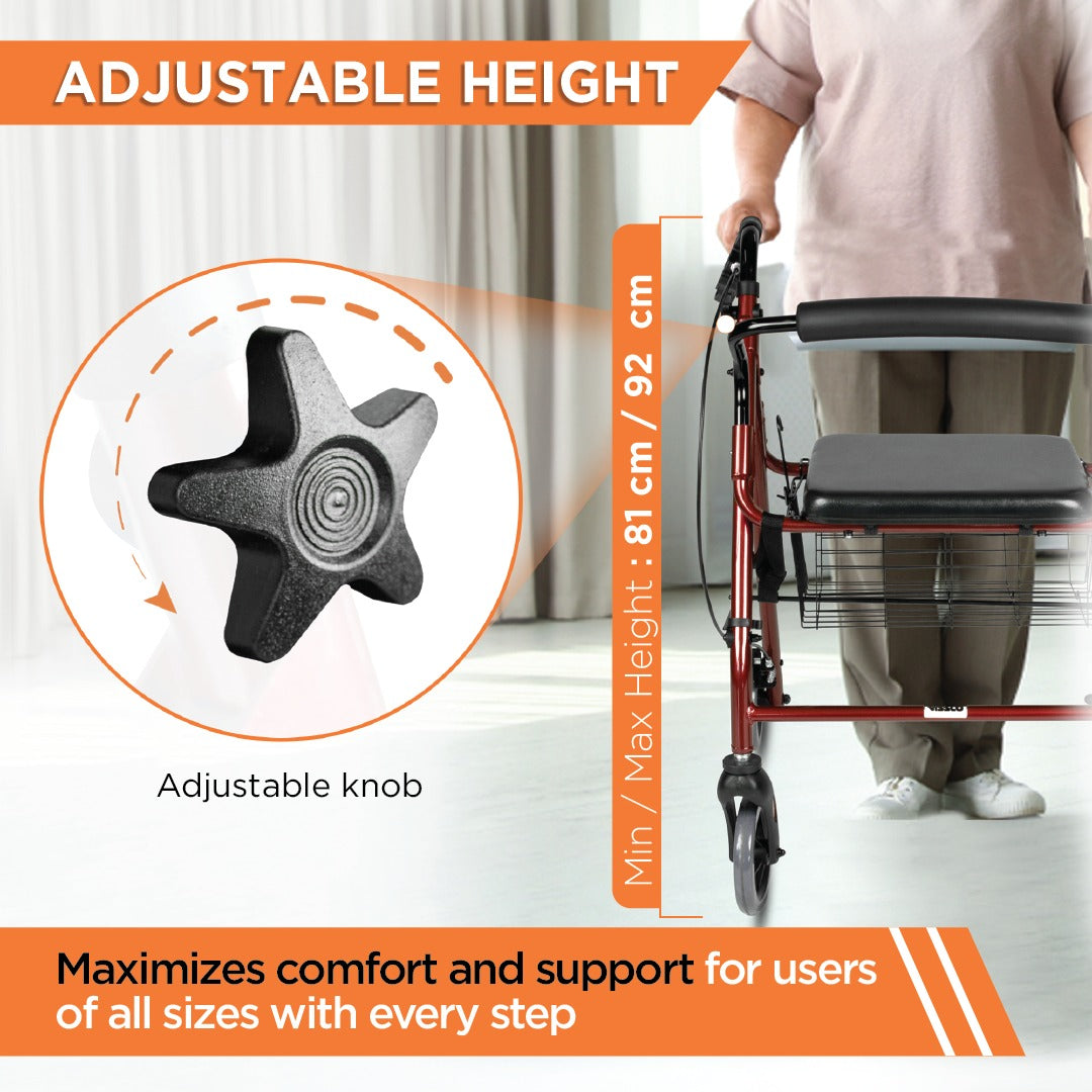 Vissco Foldable Dura Rollator Walker (Aluminium) With Seat & Basket