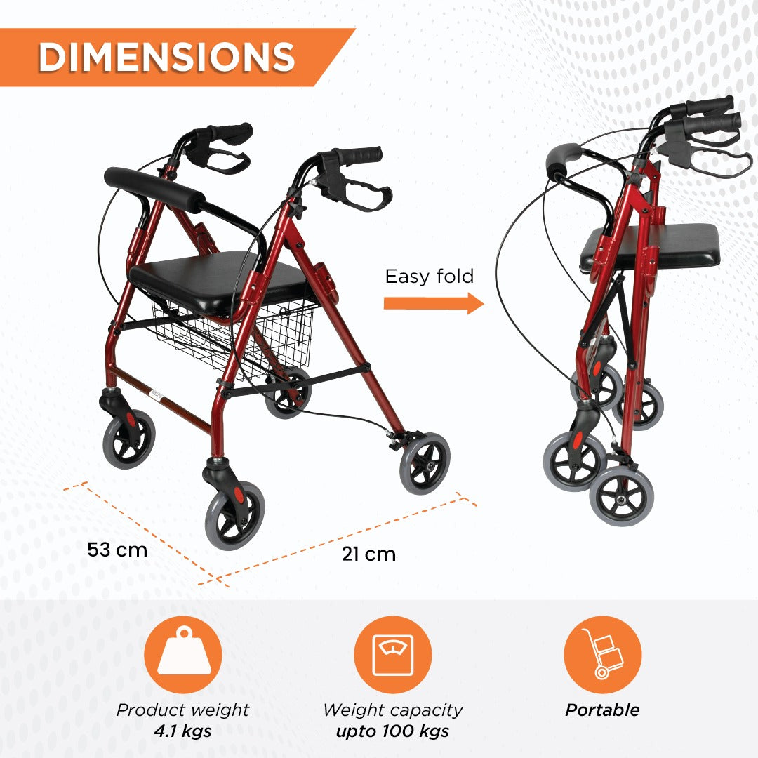 Vissco Foldable Dura Rollator Walker (Aluminium) With Seat & Basket