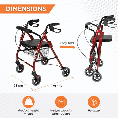 Vissco Foldable Dura Rollator Walker (Aluminium) With Seat & Basket