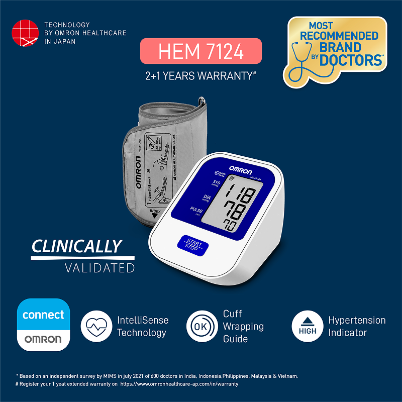 Omron HEM-7124-IN with Hypertension Indicator and IntelliSense Technology