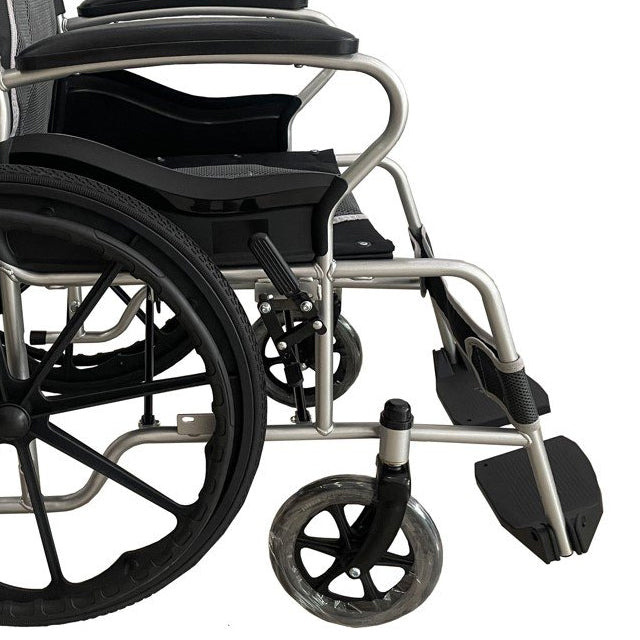 Karma Ryder 2 MS Manual Wheelchair featuring a lightweight, durable frame, comfortable seating, and adjustable footrests for enhanced mobility and support.