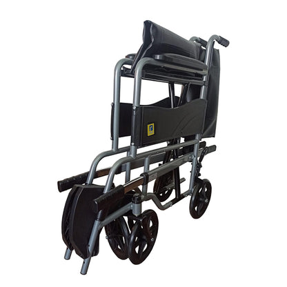 A patient lift wheelchair designed to assist in transferring individuals with mobility challenges. The wheelchair features a sturdy frame with a lift mechanism to gently raise and lower the user. It includes padded seating for comfort, large, smooth-rolling wheels for easy maneuverability, and safety straps for secure support during transfers.