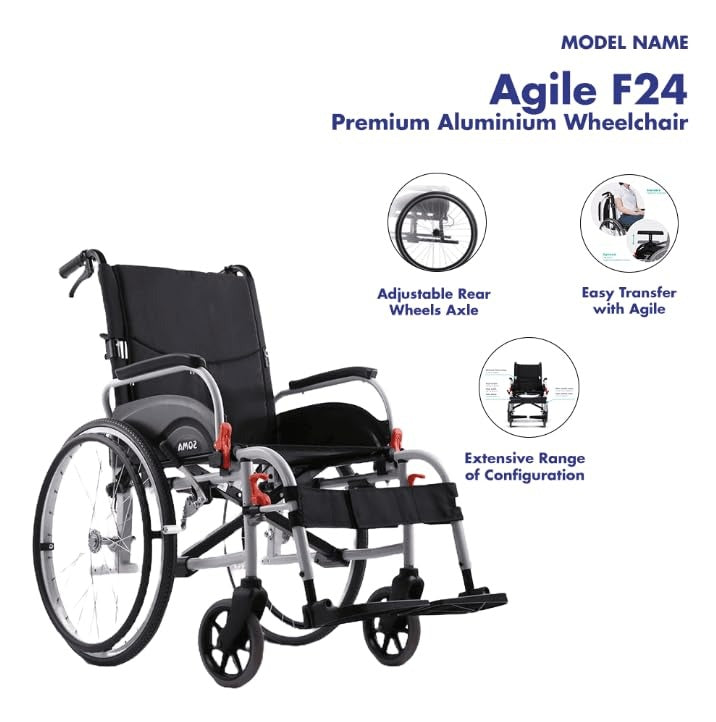 Karma Agile F24 Premium Aluminium Wheelchair | Attendant-Propelled, Foldable & Lightweight | Flip-Up Armrests | Detachable Footrests & Rear Wheels | Dual Brakes | Ideal for Seniors & Specially Abled | 125 Kg weight Capacity