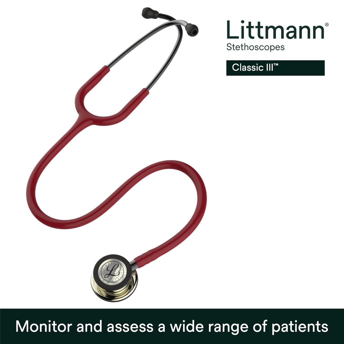 3M™ Littmann® Classic III™ Stethoscope, 5864, Champagne-Finish Chestpiece, Burgundy Tube, Smoke Stem, 27 in, 3 Each/Case