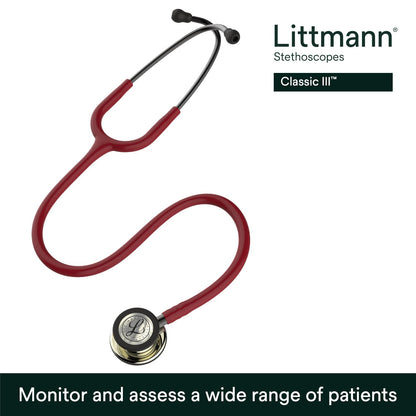3M™ Littmann® Classic III™ Stethoscope, 5864, Champagne-Finish Chestpiece, Burgundy Tube, Smoke Stem, 27 in, 3 Each/Case