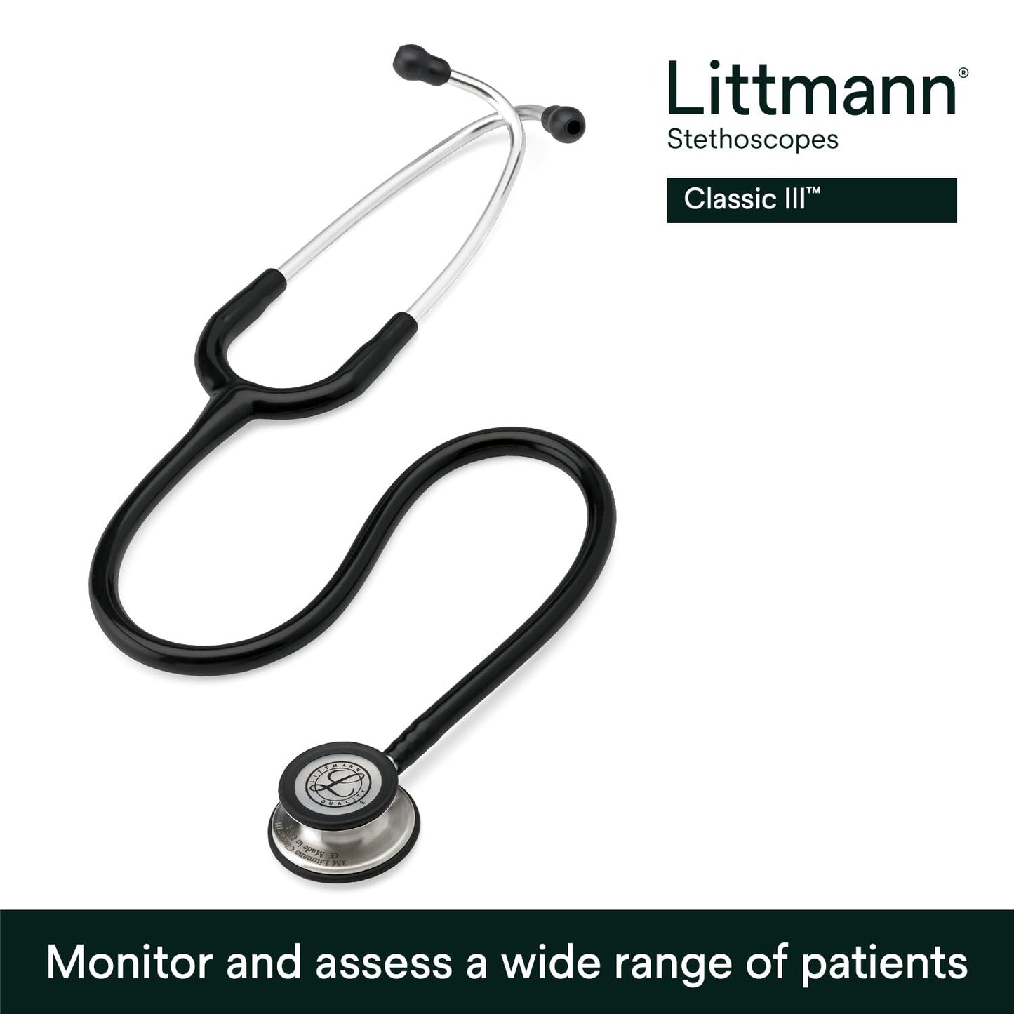 3M™ Littmann® Classic III™ Stethoscope, 5620, Standard-Finish Chestpiece, Black Tube, 27 in, 3 Each/Case