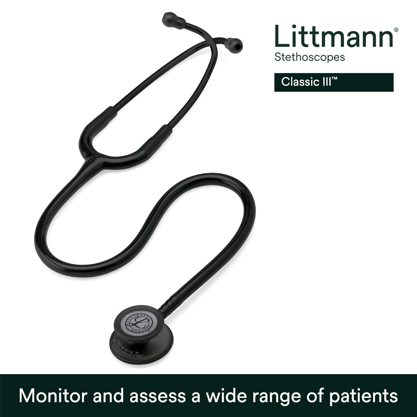 3M™ Littmann® Classic III™ Stethoscope, 5803, Black Edition Chestpiece, Black Tube, 27 inch, 3 Each/Case
