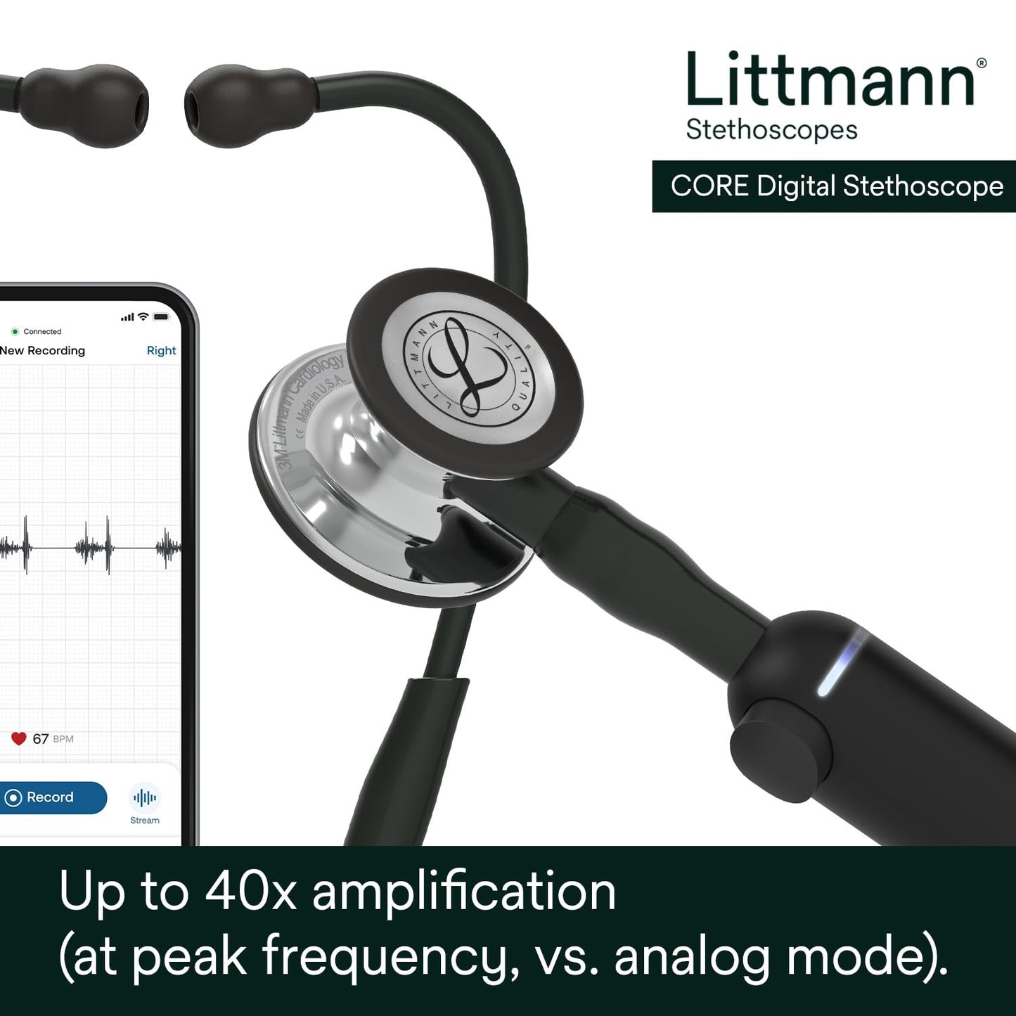 3M™ Littmann® CORE Digital Stethoscope, 8890, Mirror Chestpiece, Black Tube, Stem and Headset, 27 in