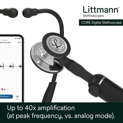 3M™ Littmann® CORE Digital Stethoscope, 8890, Mirror Chestpiece, Black Tube, Stem and Headset, 27 in