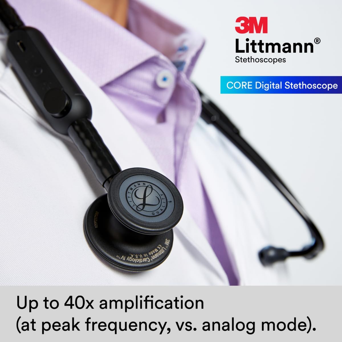 3M™ Littmann® CORE Digital Stethoscope, 8480, Black Chestpiece, Tube, Stem and Headset, 27 inch