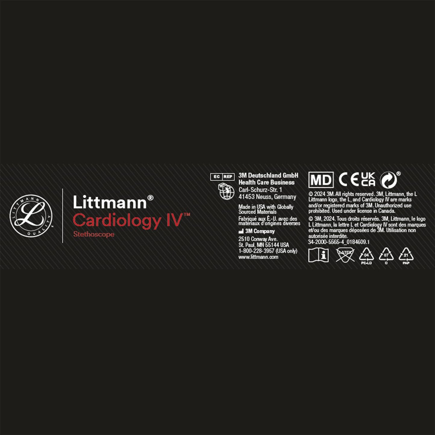 3M™ Littmann® Cardiology IV™ Diagnostic Stethoscope, 6152, Standard-Finish Chestpiece, Black Tube, 3 Each/Case