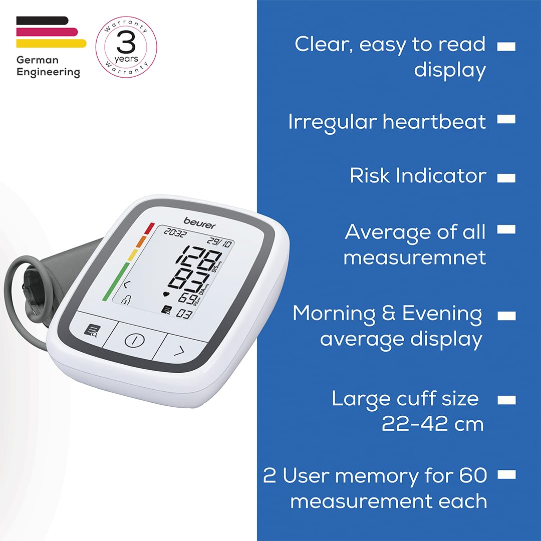 Beurer BM 32 Digital Blood Pressure Monitor for Upper Arm | Accurate BP Machine with Heartbeat Detection, Risk Indicator & 120 Memory | 3-Year Warranty