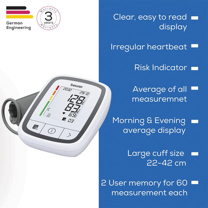 Beurer BM 32 Digital Blood Pressure Monitor for Upper Arm | Accurate BP Machine with Heartbeat Detection, Risk Indicator & 120 Memory | 3-Year Warranty