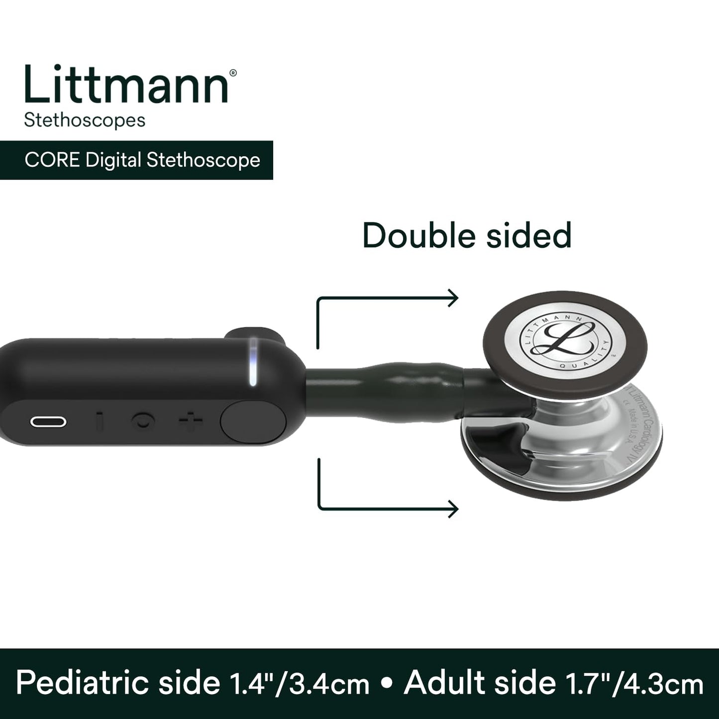 3M™ Littmann® CORE Digital Stethoscope, 8890, Mirror Chestpiece, Black Tube, Stem and Headset, 27 in