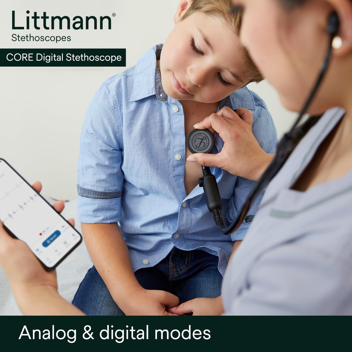 3M™ Littmann® CORE Digital Stethoscope, 8890, Mirror Chestpiece, Black Tube, Stem and Headset, 27 in