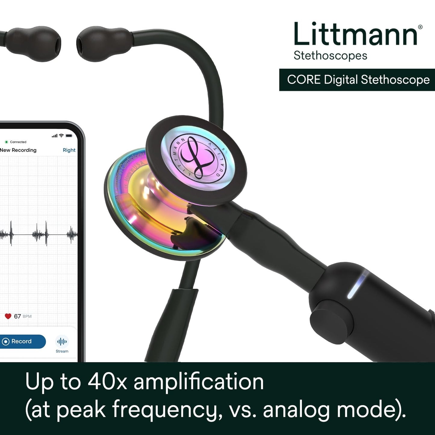 3M™ Littmann® CORE Digital Stethoscope, 8570, High Polish Rainbowfinish Chestpiece, Black Tube