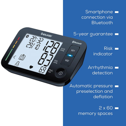 Beurer BM54 Bluetooth Upper Arm Blood Pressure Monitor | XL Display, Universal Cuff Up to 44 cm, Pulse Measurement, Risk Indicator