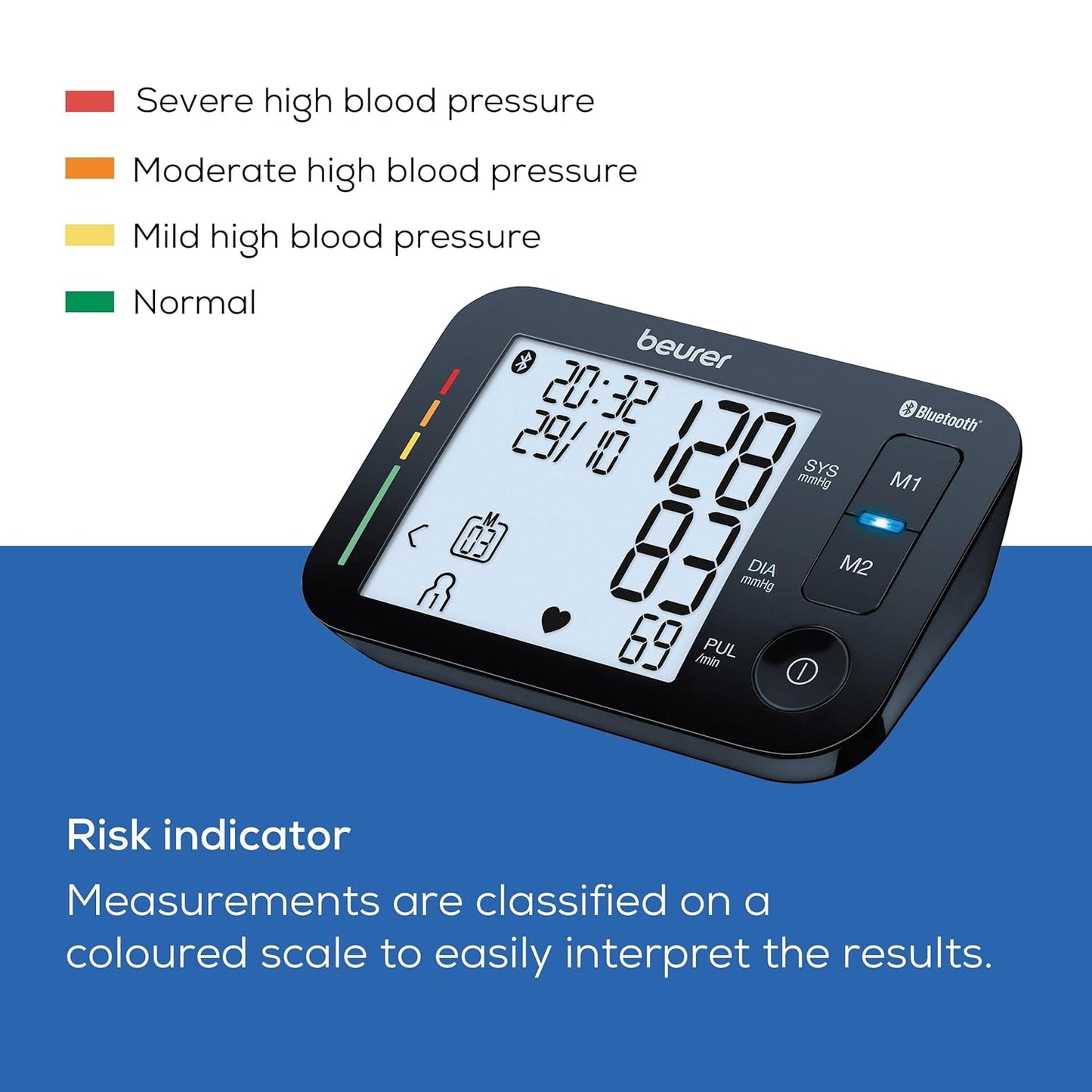 Beurer BM54 Bluetooth Upper Arm Blood Pressure Monitor | XL Display, Universal Cuff Up to 44 cm, Pulse Measurement, Risk Indicator