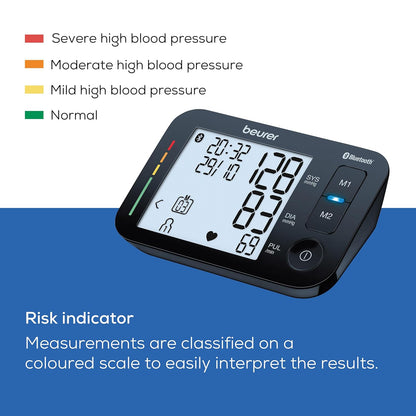 Beurer BM54 Bluetooth Upper Arm Blood Pressure Monitor | XL Display, Universal Cuff Up to 44 cm, Pulse Measurement, Risk Indicator