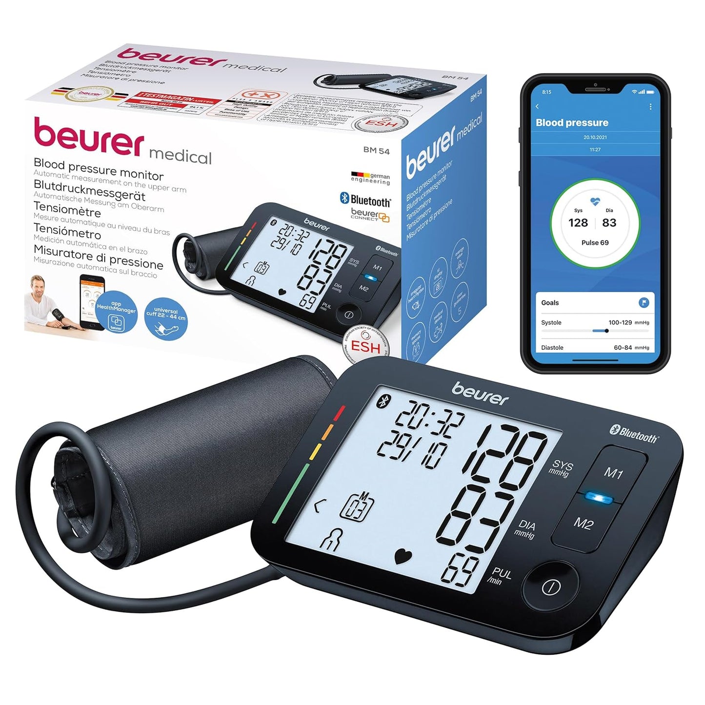 Beurer BM54 Bluetooth Upper Arm Blood Pressure Monitor | XL Display, Universal Cuff Up to 44 cm, Pulse Measurement, Risk Indicator