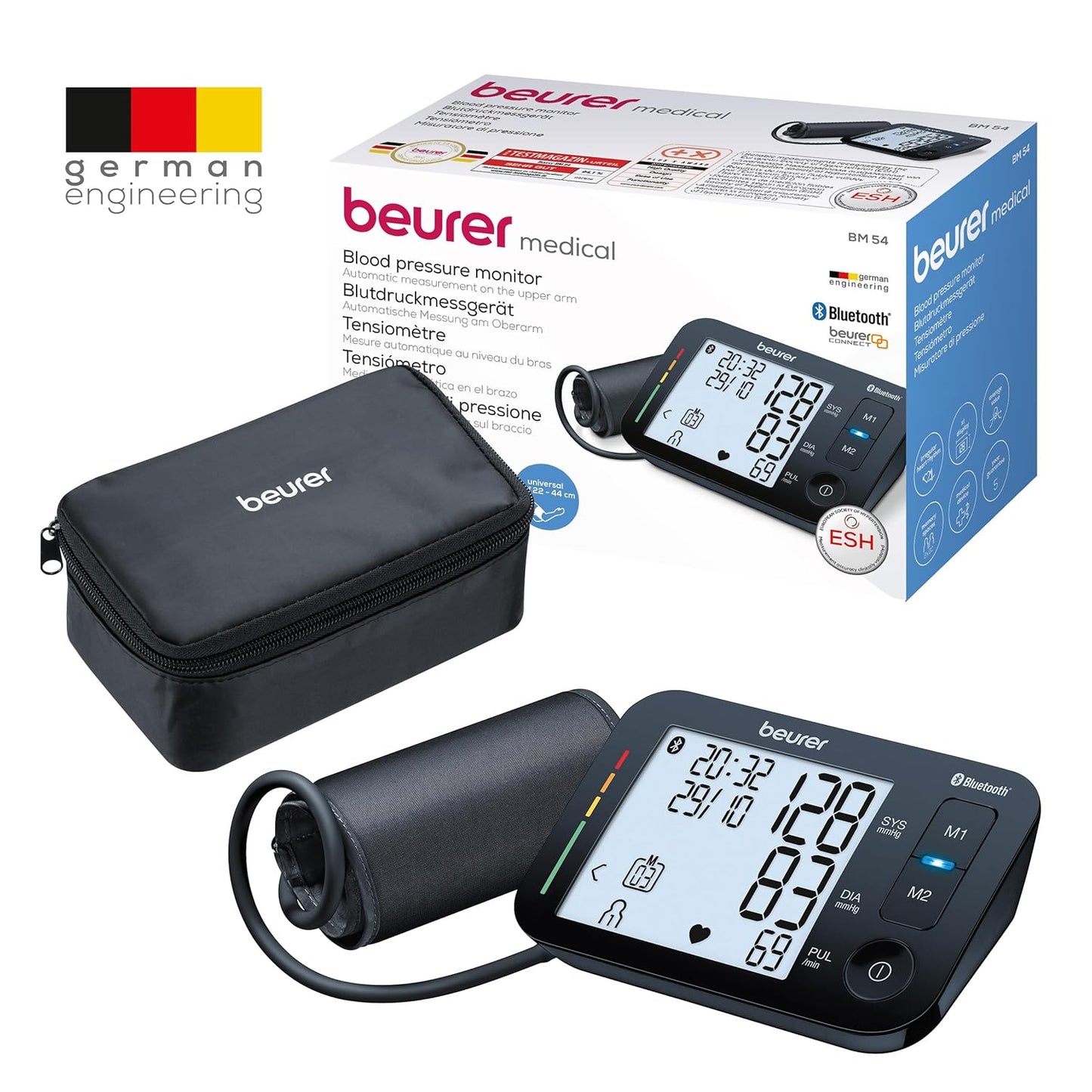 Beurer BM54 Bluetooth Upper Arm Blood Pressure Monitor | XL Display, Universal Cuff Up to 44 cm, Pulse Measurement, Risk Indicator