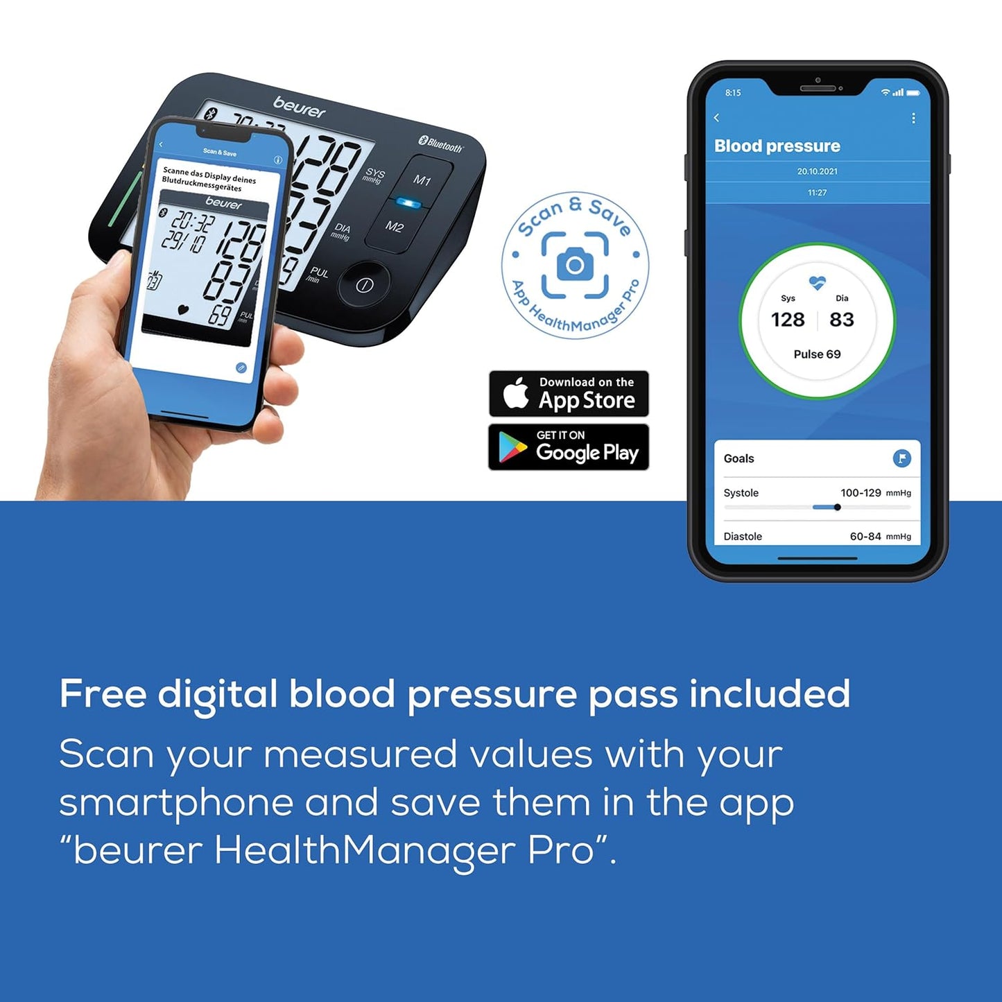 Beurer BM54 Bluetooth Upper Arm Blood Pressure Monitor | XL Display, Universal Cuff Up to 44 cm, Pulse Measurement, Risk Indicator