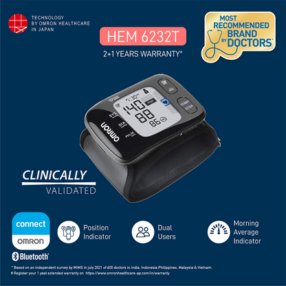 Omron HEM-6232T-AP Wrist BP Monitor Easy to Carry Device with bluetooth®, Dual User & 100 Memory