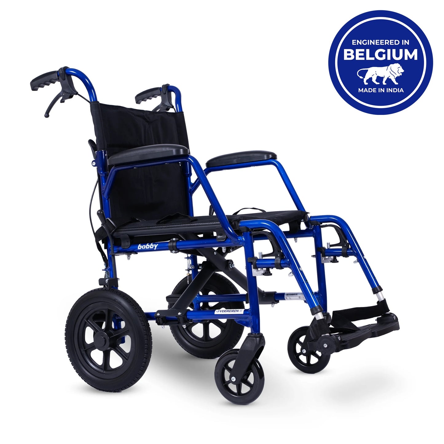 VERMEIREN Bobby Foldable Travel Wheelchair, Sturdy Frame, Light Weight & Foldable, Kids & Seniors, Upto120Kg Weight Capacity - Belgium Technology, Made in India