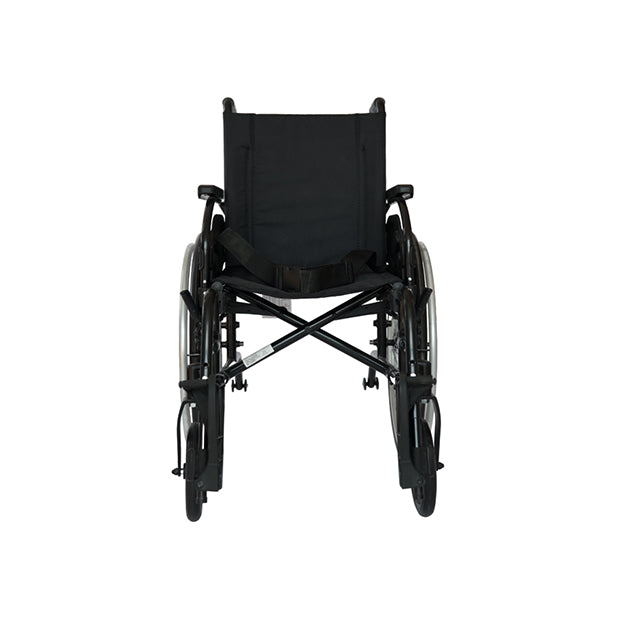 Forza Freedom 5000 STD Premium Steel Wheelchair. The wheelchair features a durable steel frame in a dark gray finish with a comfortable black seat and backrest. It has large, solid rear wheels with hand rims for easy self-propulsion, and smaller front casters for smooth maneuverability. The wheelchair is designed with fixed armrests, footrests, and a foldable frame for easy storage and transport, combining strength and practicality for everyday use.