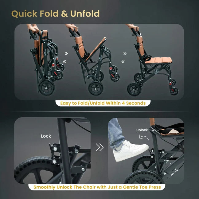 EASYCARE Portable Mild Steel Traveling Wheelchair with 105 kg Capacity, Attendant Brake, Safety Belt, Back Pocket, Carry Bag, and Handle Feature for Easy Travel and Mobility (EC9007)
