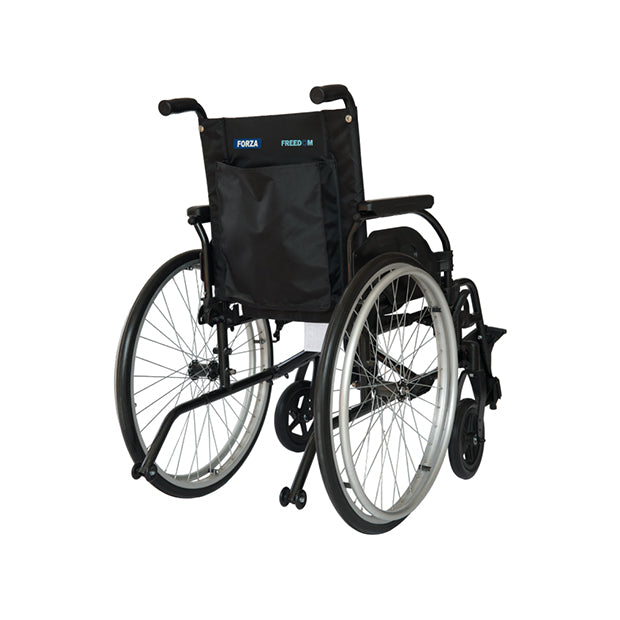 Forza Freedom 5000 STD Premium Steel Wheelchair. The wheelchair features a durable steel frame in a dark gray finish with a comfortable black seat and backrest. It has large, solid rear wheels with hand rims for easy self-propulsion, and smaller front casters for smooth maneuverability. The wheelchair is designed with fixed armrests, footrests, and a foldable frame for easy storage and transport, combining strength and practicality for everyday use.