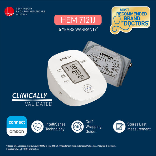 Omron HEM 7121J Fully Automatic Digital Blood Pressure Monitor with Intellisense Technology &amp; Cuff Wrapping Guide for Most Accurate Measurement&nbsp;