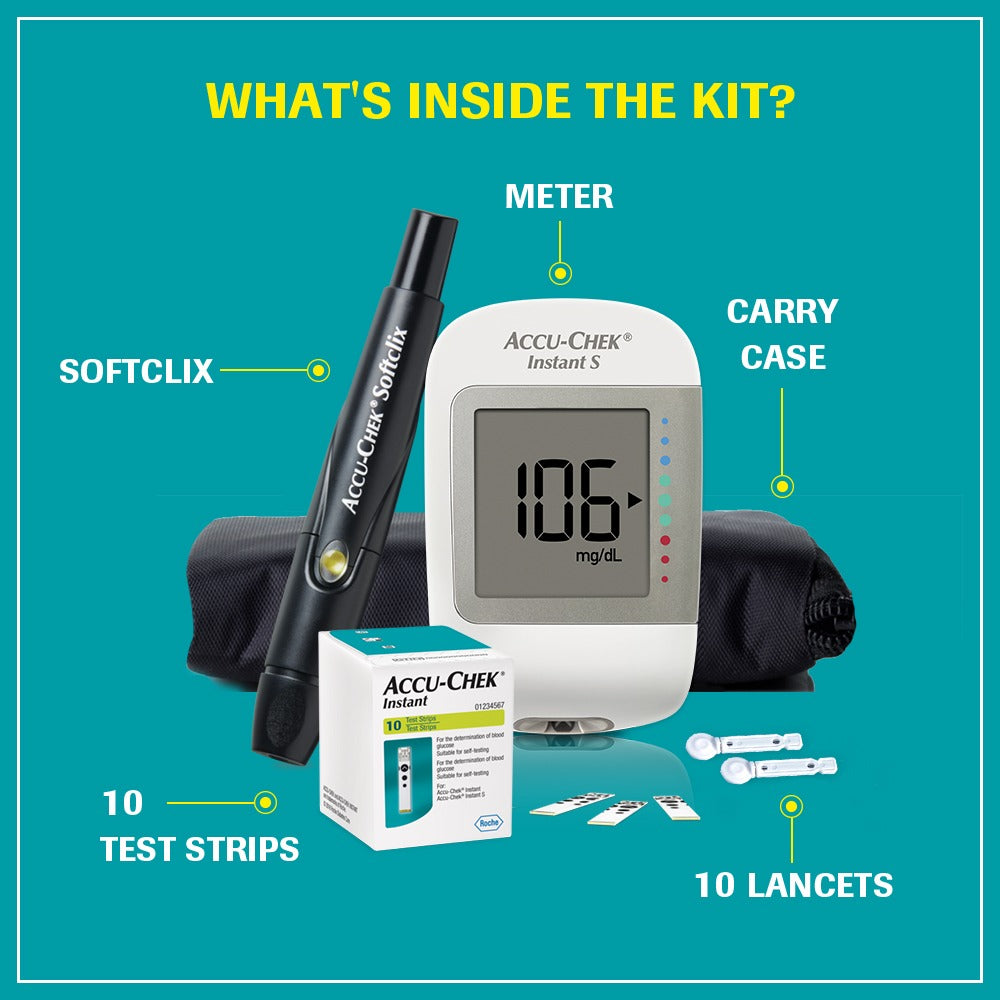 Accu-Chek Instant S Blood Glucose Meter | Glucometer Kit with FREE 10 Strips + 10 Lancets + 1 Lancing Device | For Accurate Blood Sugar Testing
