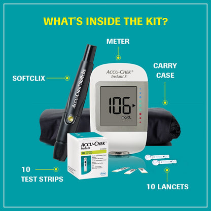 Accu-Chek Instant S Blood Glucose Meter | Glucometer Kit with FREE 10 Strips + 10 Lancets + 1 Lancing Device | For Accurate Blood Sugar Testing