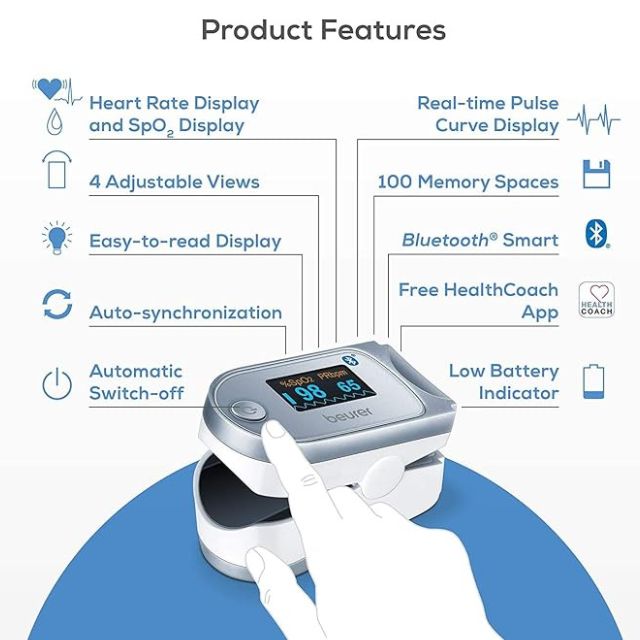 Beurer PO60 Pulse Oximeter with Bluetooth and Health Manager App