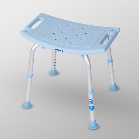 Mexple Xera20 Adjustable Anti-Slip Shower Bath Chair Stool for elderly and bathroom safety – available at The Health Store Mumbai.