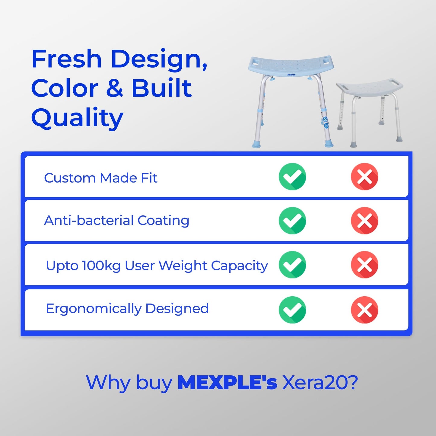 Mexple Xera20 Adjustable Anti-Slip Shower Bath Chair Stool for elderly and bathroom safety – available at The Health Store Mumbai.