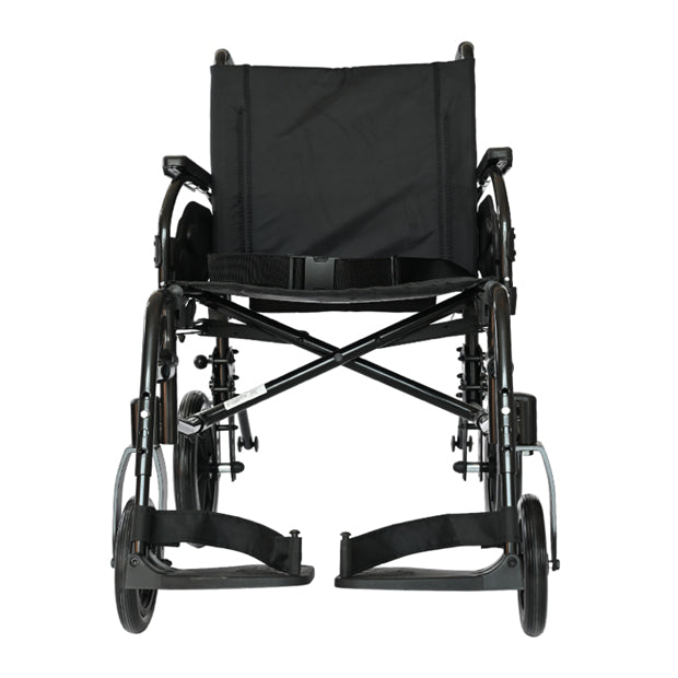 Forza Freedom 5000 (Transit) Premium Steel Wheelchair. The wheelchair features a strong steel frame in a dark gray finish with a comfortable black seat and backrest. It has large, solid rear wheels designed for easy transport by a caregiver, with push rims for manual assistance, and smaller front casters for smooth steering. The design includes fixed armrests, footrests, and a folding frame for convenient storage and transport, providing both durability and ease of use.