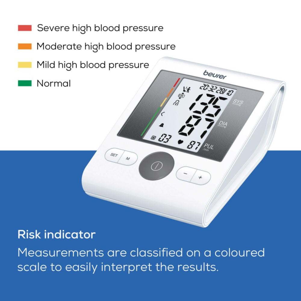 Beurer BM28 Automatic Arm Blood Pressure Monitor with Adaptor | Adjustable Cuff, Large LCD Display & Risk Indicator | Digital BP Machine (White)